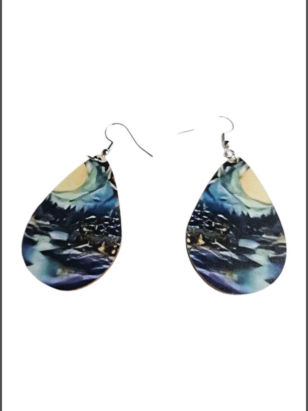 Blue Teardrop Scenic Print Dangle Earrings - NWOT